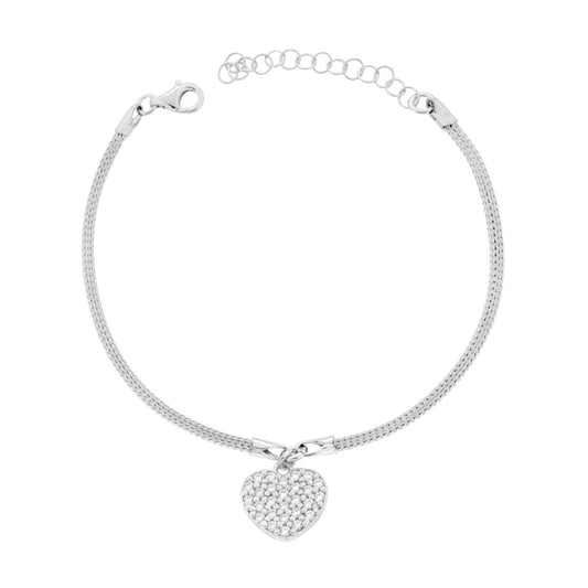 Bracelet with Heart and White Zirconia in Galvanized Rhodium Plated 925 SILVER 