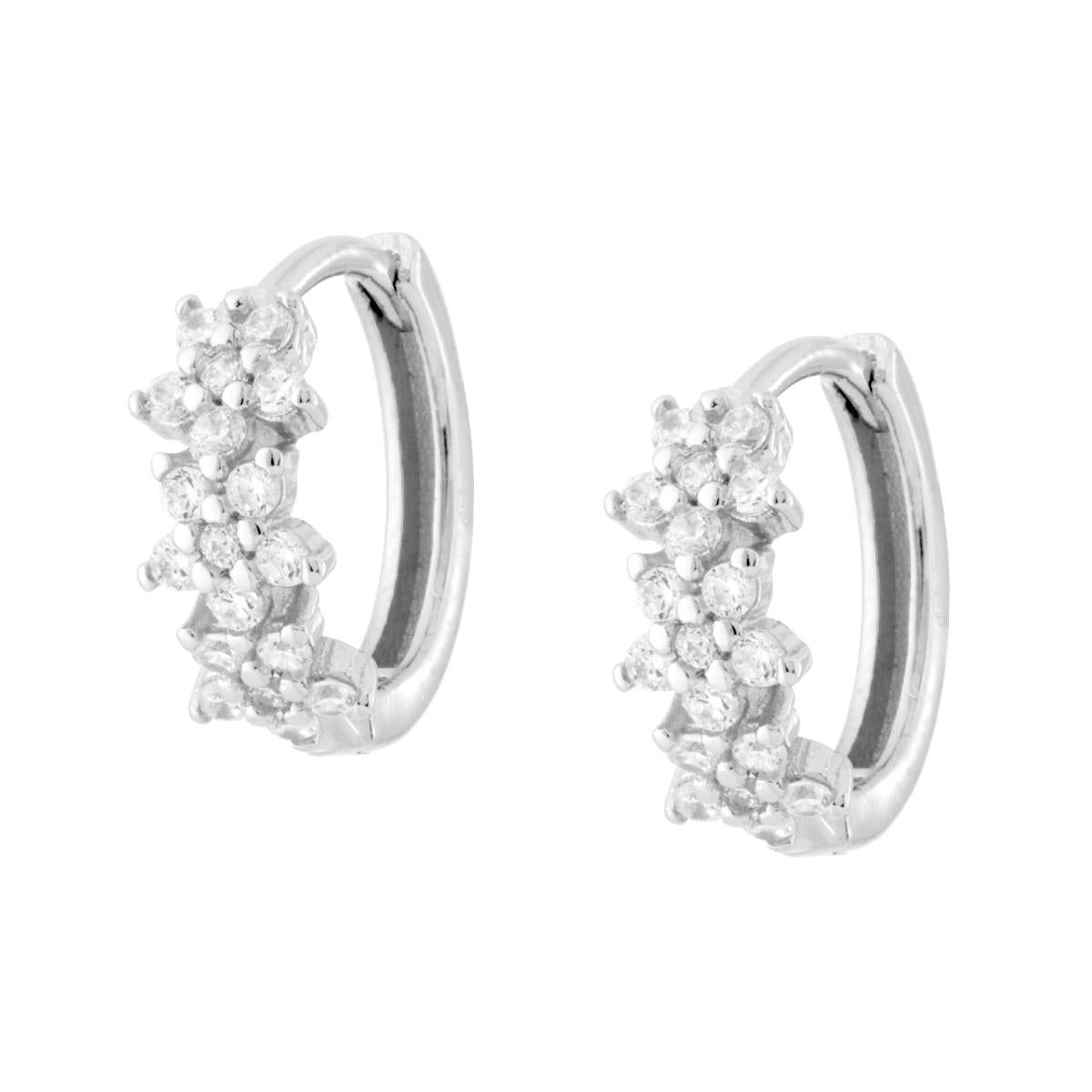 Circle Flower Earrings with White Zirconia in Galvanized Rhodium Plated 925 SILVER 