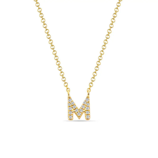 Letter “M” necklace, 14k yellow gold with diamonds