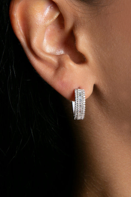 Women's baguette stone hoop earrings in 925 sterling silver