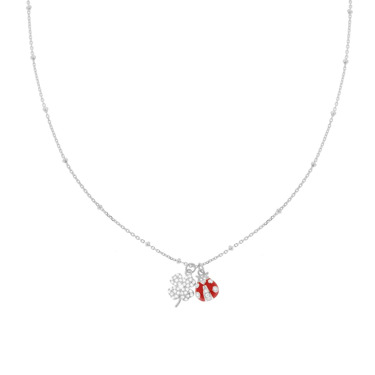 925 silver necklace with red enamel ladybug and clover 