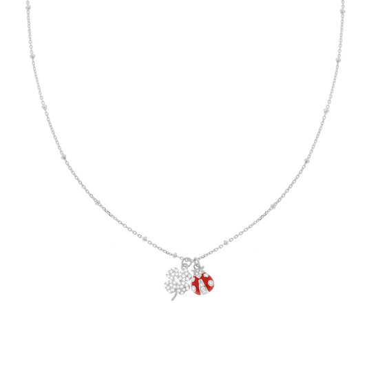 925 silver necklace with red enamel ladybug and clover 